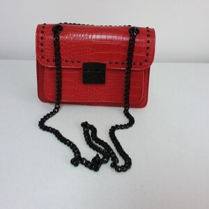 Badgley Mischka Red Croc-Embossed Shoulder Bag